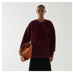 COS Oversized Teddy Fleece Sweatshirt Size XS Wool Blend Burgundy Crew Neck